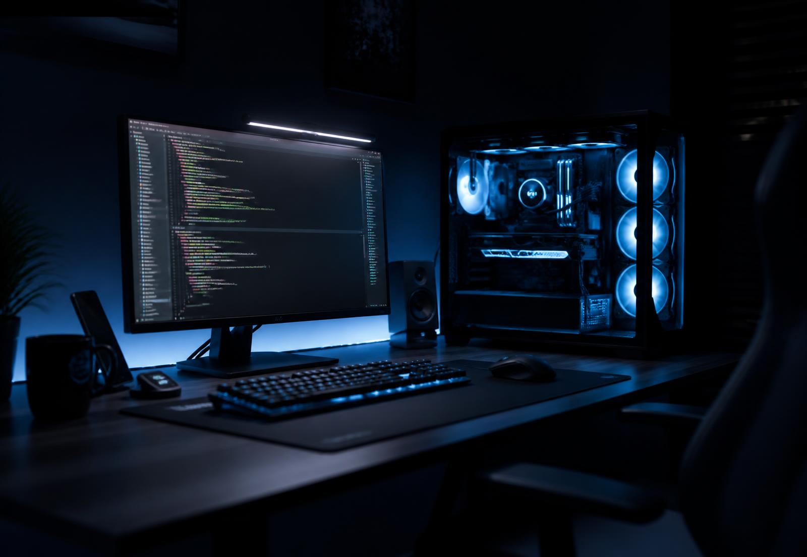 Setup de computador montado pela SeeTech com iluminação azul